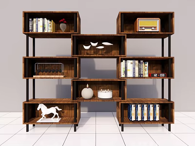 Modern Wooden Bookcase With Open Shelving Multiple Compartments Books Vintage Radio And White Horse Figurine 3d model