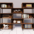 Modern Wooden Bookcase With Open Shelving Multiple Compartments Books Vintage Radio And White Horse Figurine