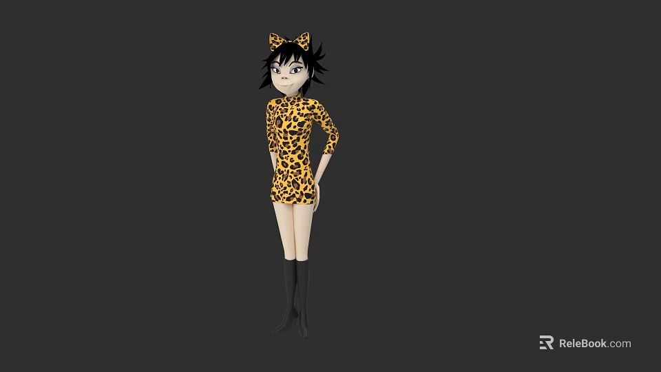 Leopard Print Outfit Girl with Cat Ear Headband Black Short Hair and Knee High Boots 3d model 