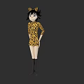 Leopard Print Outfit Girl with Cat Ear Headband Black Short Hair and Knee High Boots