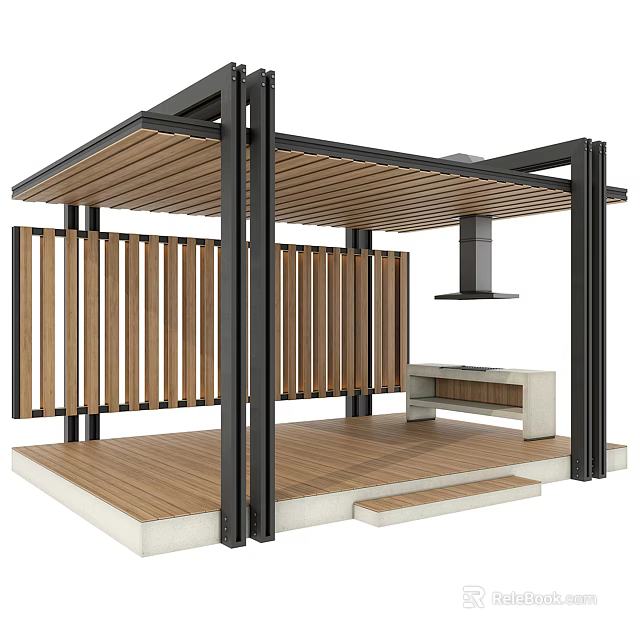 Modern Outdoor Pavilion With Wooden Slats Metal Frame And Built In Grill Station 3d model 