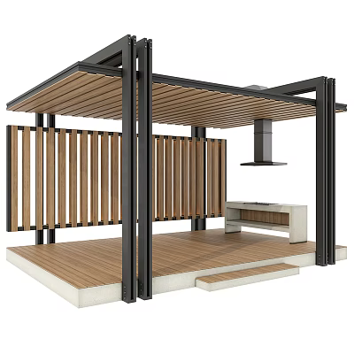 Modern Outdoor Pavilion With Wooden Slats Metal Frame And Built In Grill Station 3d model