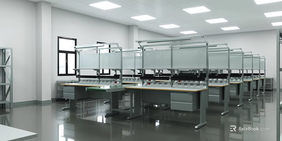 Laboratory Workbench Setup With Pegboard Shelves Drawer Units And Bright Lighting 3d model 