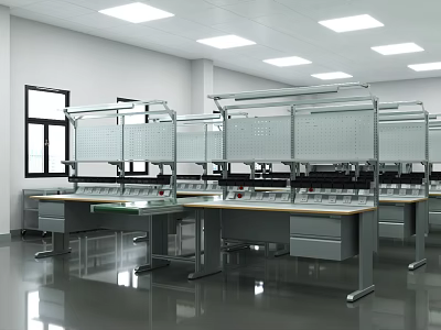 Laboratory Workbench Setup With Pegboard Shelves Drawer Units And Bright Lighting 3d model