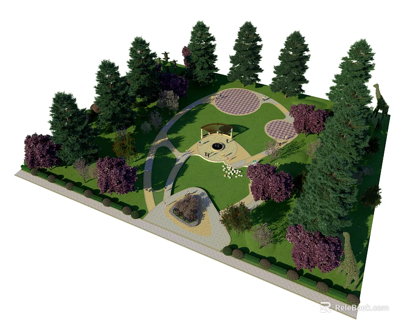 Picturesque Park Landscape With Green Lawn Tall Trees Circular Paved Areas And Purple Shrubs 3d model 