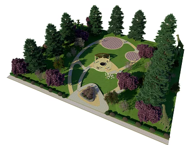 Picturesque Park Landscape With Green Lawn Tall Trees Circular Paved Areas And Purple Shrubs 3d model