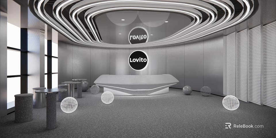 Modern Front Desk Reception with Royjo Lovito Logo Curved Ceiling Light Strips Round Decor Balls 3d model 