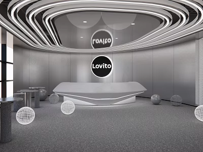 Modern Front Desk Reception with Royjo Lovito Logo Curved Ceiling Light Strips Round Decor Balls 3d model
