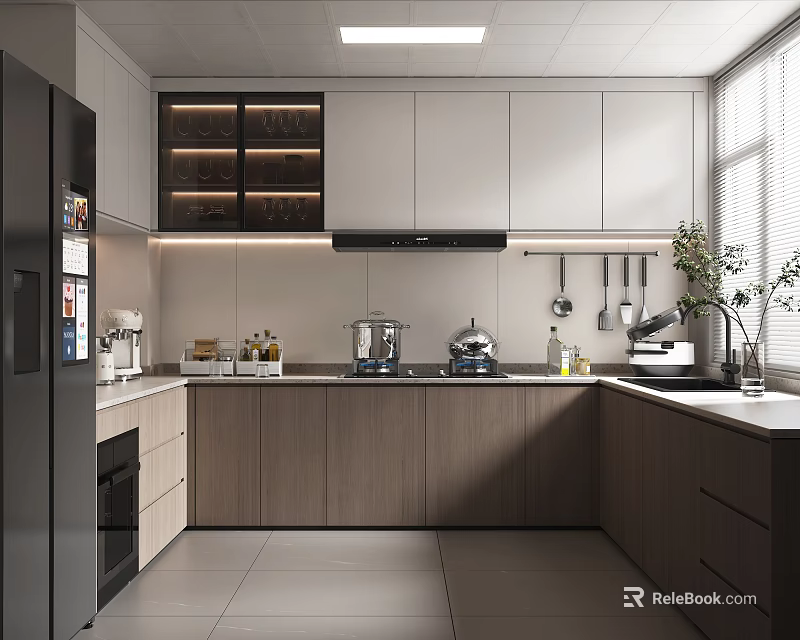 Modern Kitchen Interior With Gray Wooden Cabinets Refrigerator Oven Window Sink And Plant 3d model 
