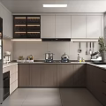 Modern Kitchen Interior With Gray Wooden Cabinets Refrigerator Oven Window Sink And Plant
