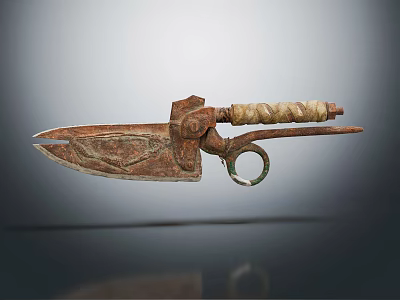 Ancient Bronze Dagger With Carved Blade Wrapped Handle And Ring Pommel 3d model