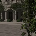 Lush Green Vines Covering White Building Exterior With Columns Archway And Trimmed Shrubs
