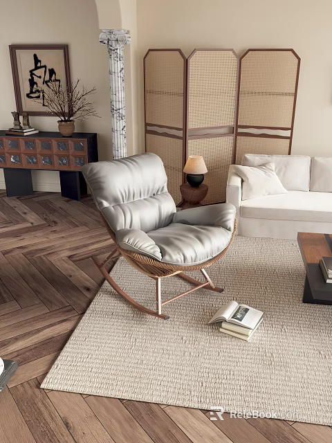 Modern Living Room Interior With Light Gray Rocking Chair White Sofa Herringbone Floor And Area Rug 3d model 