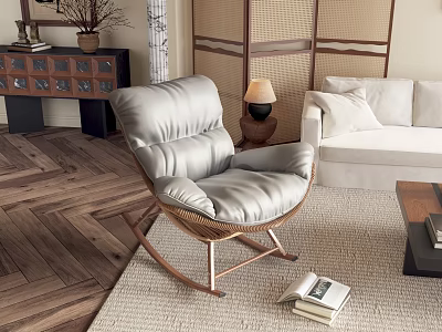 Modern Living Room Interior With Light Gray Rocking Chair White Sofa Herringbone Floor And Area Rug 3d model