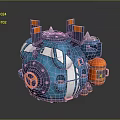 Blue Spherical Cosmic Spaceship With Orange Thrusters And Exploration Equipment 3d model