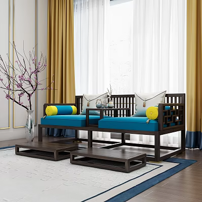 Modern Chinese Arhat Daybed With Wooden Frame Blue Cushions Yellow Pillows And Side Tables 3d model