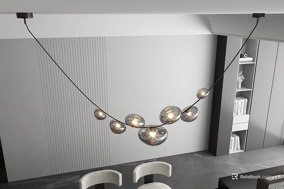 Modern Glass Ball Chandelier with Multiple Lights Hanging in Contemporary Dining Room with White Chairs 3d model 