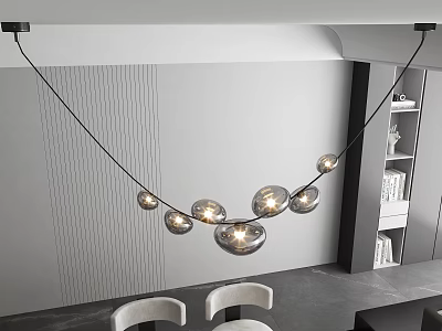 Modern Glass Ball Chandelier with Multiple Lights Hanging in Contemporary Dining Room with White Chairs 3d model