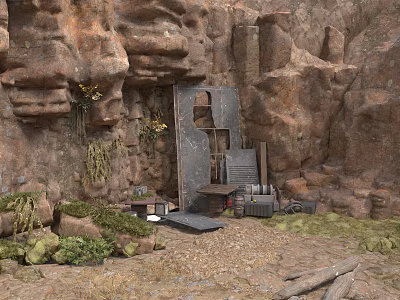 Rocky Cave Interior With Metal Door Plants Wooden Crates And Dirt Ground 3d model
