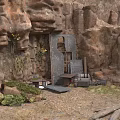 Rocky Cave Interior With Metal Door Plants Wooden Crates And Dirt Ground