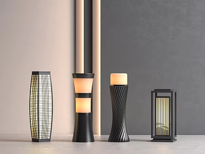 Stylish Outdoor Lights Showcasing Modern Designs Grid Patterns Cylindrical Shapes And Warm Illumination 3d model