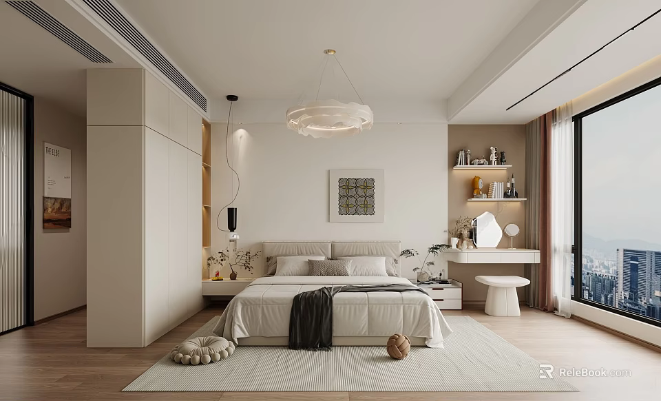 Modern Cozy Bedroom Interior With Soft Bed Pendant Lighting Nightstand And Decorative Rug 3d model 