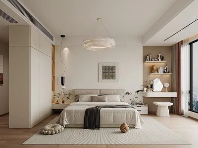 Modern Cozy Bedroom Interior With Soft Bed Pendant Lighting Nightstand And Decorative Rug 3d model