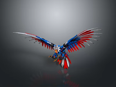 Mechanical Eagle With Spread Blue Red Wings And White Accents On Sleek Surface 3d model