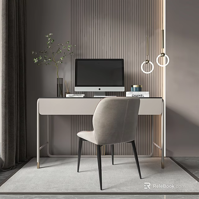Modern Desk With Computer Monitor Comfortable Chair Potted Plant And Pendant Lights In Contemporary Interior 3d model 