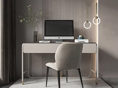 Modern Desk With Computer Monitor Comfortable Chair Potted Plant And Pendant Lights In Contemporary Interior 3d model