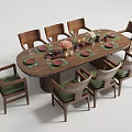 Oval Wooden Dining Table Set With Eight Chairs Green Cushions And Tableware Candles Flower Bouquet