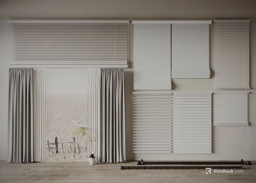 Grey Curtains And Various Blinds With Natural Scenic View In Interior 3d model 