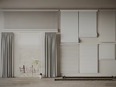 Grey Curtains And Various Blinds With Natural Scenic View In Interior 3d model