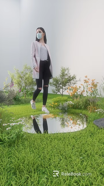 Scenic Green Grass Landscape With Plants Trees Yellow White Flowers Small Puddle Reflection And Stone 3d model 