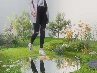 Scenic Green Grass Landscape With Plants Trees Yellow White Flowers Small Puddle Reflection And Stone 3d model