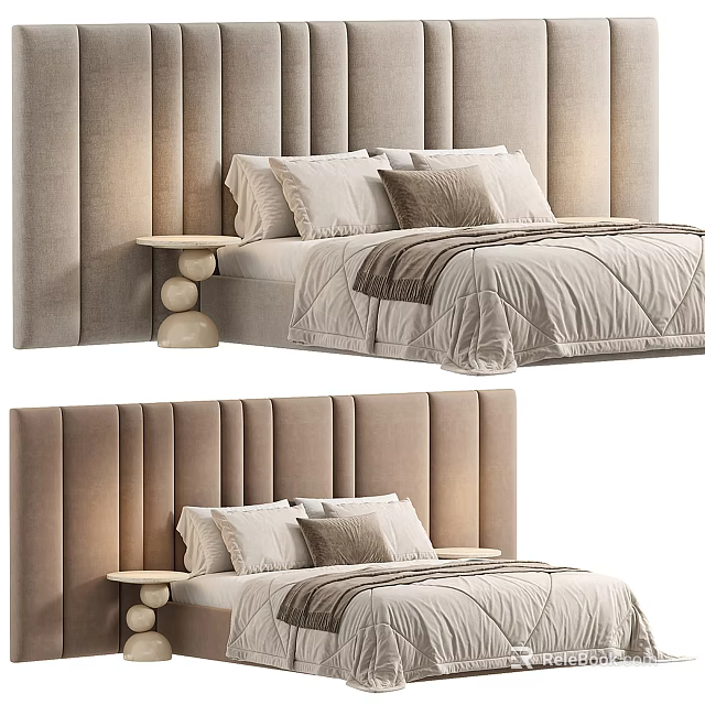 Elegant Double Bed with Tufted Headboard Soft Pillows Neutral Bedspread and Round Nightstand 3d model