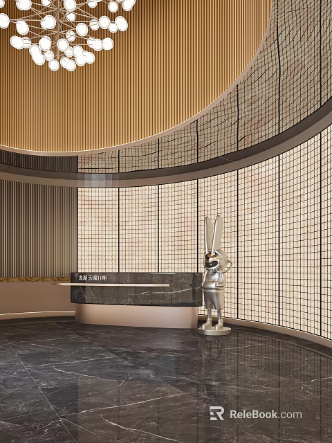 Modern Front Desk Reception Area With Marble Counter Rabbit Sculpture And Grid Patterned Wall 3d model