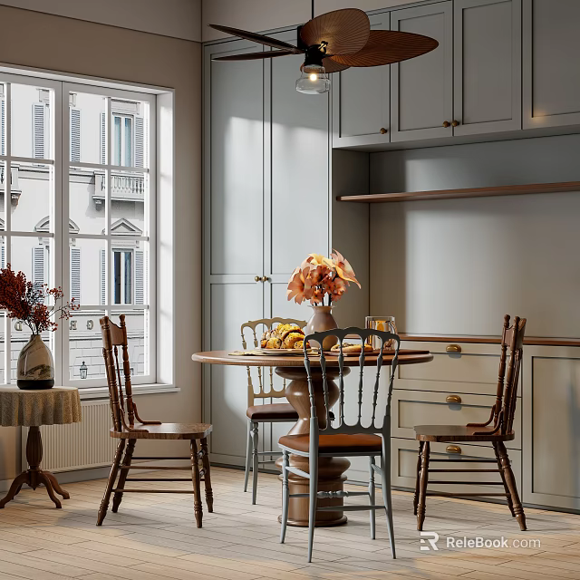 Cozy Modern Restaurant Interior With Wooden Table Chairs Gray Cabinets And Window View 3d model 