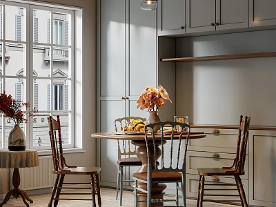 Cozy Modern Restaurant Interior With Wooden Table Chairs Gray Cabinets And Window View 3d model