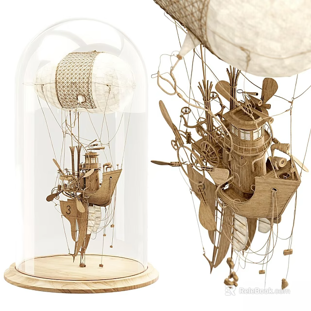 Wooden Mechanical Decorative Ornament Set with Hot Air Balloon Ship Lighthouse and Glass Dome 3d model 