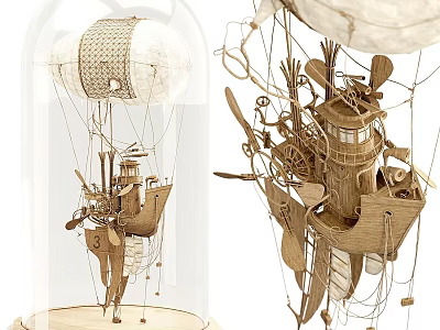 Wooden Mechanical Decorative Ornament Set with Hot Air Balloon Ship Lighthouse and Glass Dome 3d model