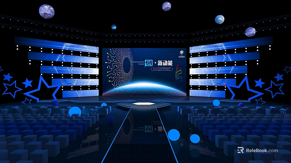 Futuristic New Energy Summit Stage With Blue Lighting Large Screen And Star Decorations 3d model 