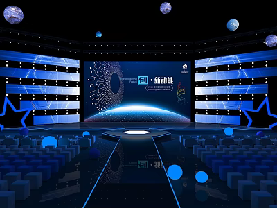 Futuristic New Energy Summit Stage With Blue Lighting Large Screen And Star Decorations 3d model