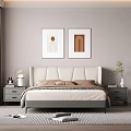 Modern Double Bed With White Upholstered Headboard Nightstands Wall Art And Green Plant