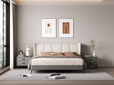 Modern Double Bed With White Upholstered Headboard Nightstands Wall Art And Green Plant 3d model