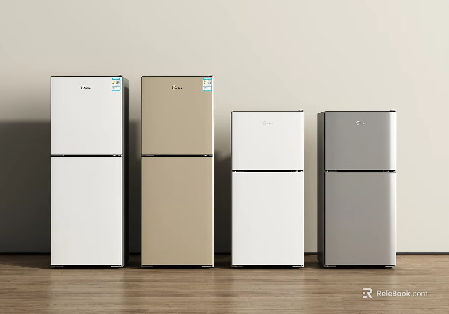 Four Double Door Refrigerators With Different Colors In Light Colored Walls And Wooden Floor Space 3d model 