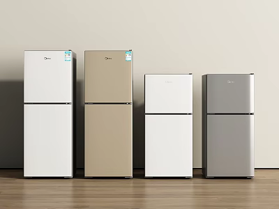Four Double Door Refrigerators With Different Colors In Light Colored Walls And Wooden Floor Space 3d model