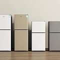 Four Double Door Refrigerators With Different Colors In Light Colored Walls And Wooden Floor Space