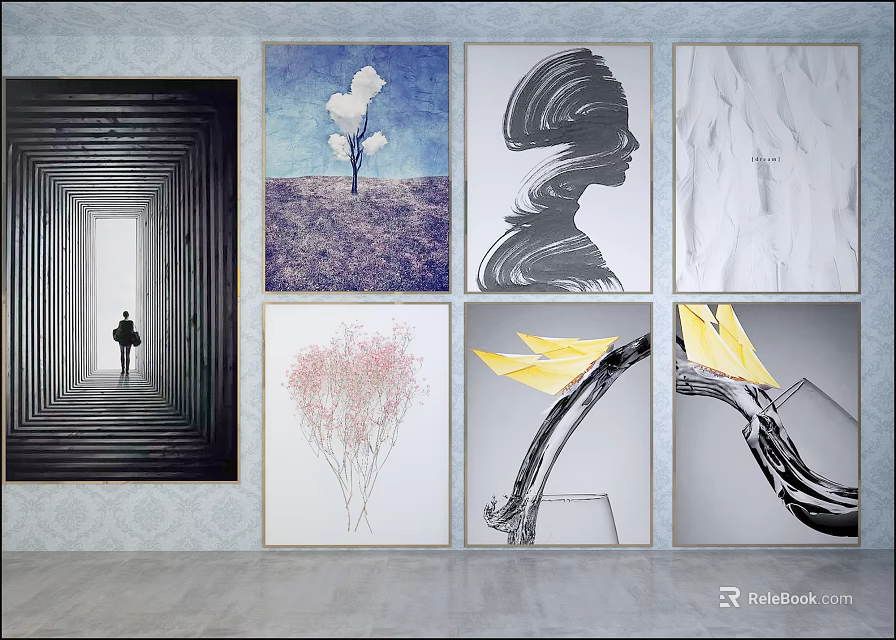 Abstract Portrait Paintings In Various Styles Hanging On Indoor Gallery Wall 3d model 