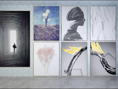 Abstract Portrait Paintings In Various Styles Hanging On Indoor Gallery Wall 3d model